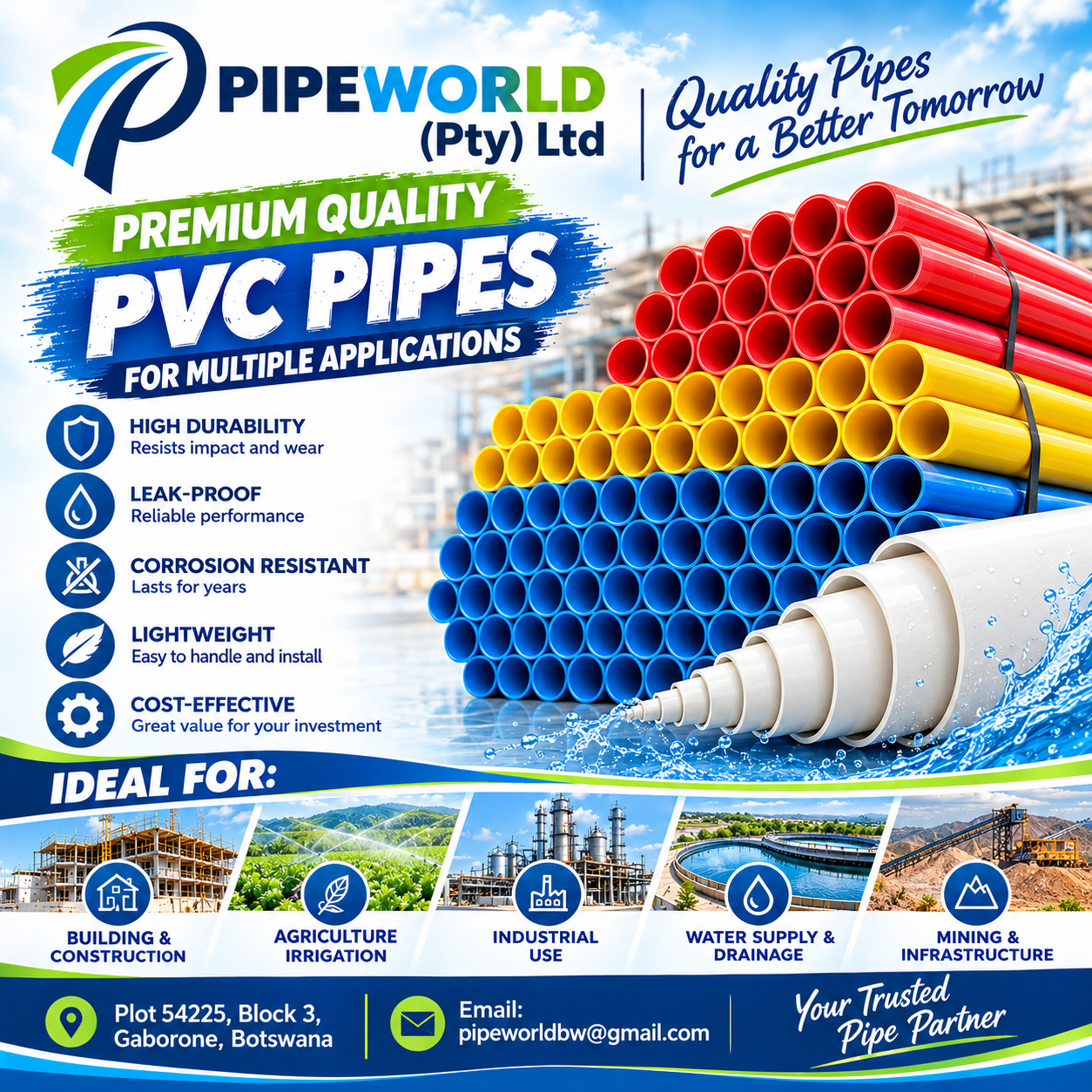 Pipe World premium PVC pipes and application infographic